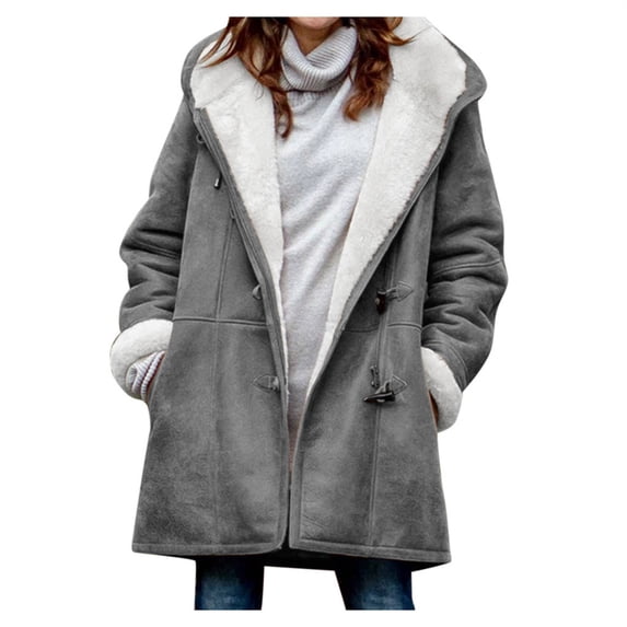 Buigttklop Women Winter Plus Size Solid Plus Velvet Coat Long Sleeve Horn Buckle Pocket Overcoat Tops