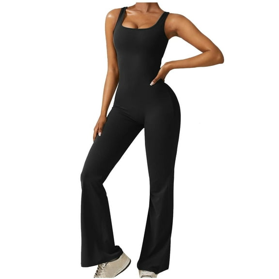 Buigttklop Women Workout Flare Jumpsuits Sexy Backless Gym Bodycon Scrunch Butt Yoga Rompers V Back Lizvette