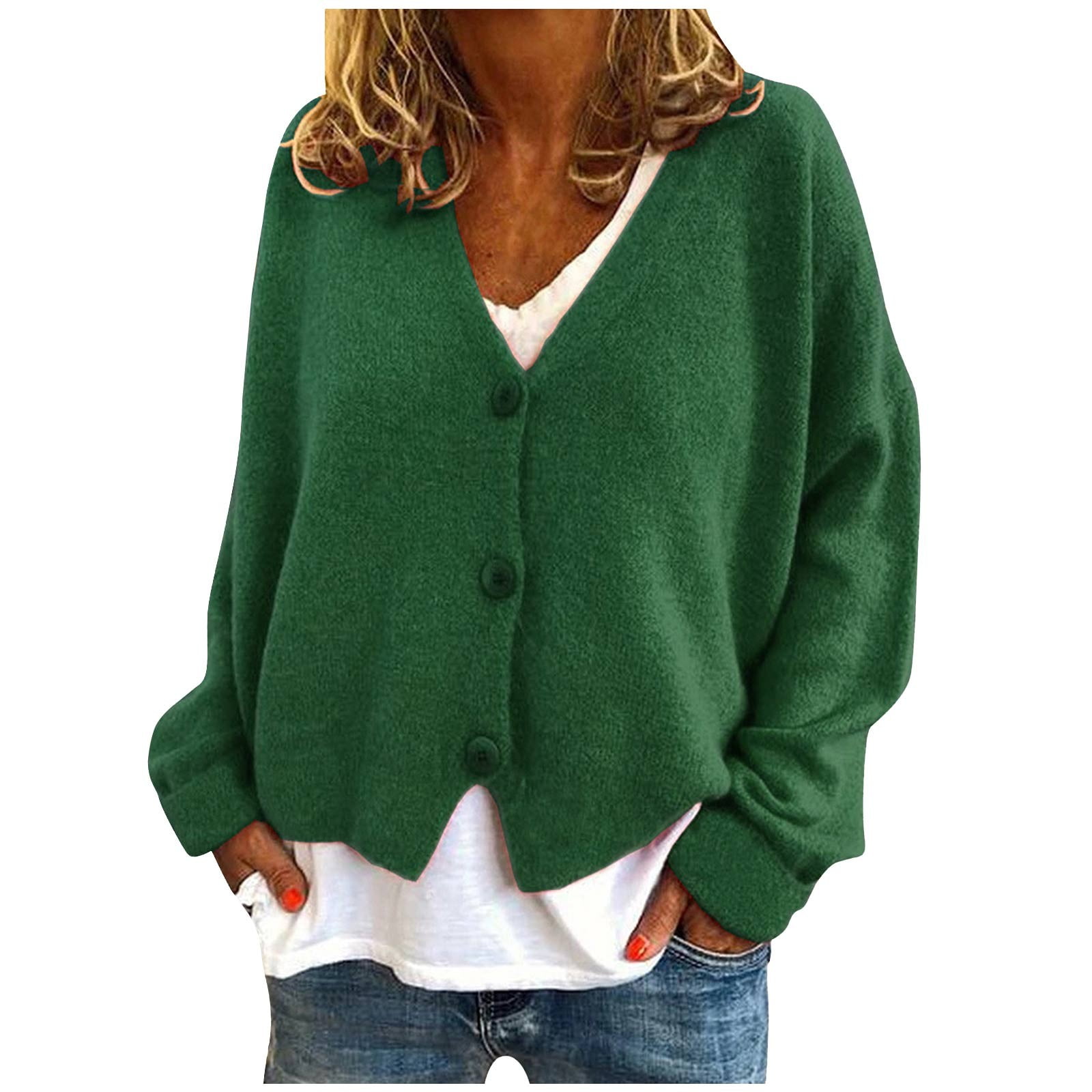 Women's Button Solid Knit Sweater Cardigan Long Sleeved Jacket