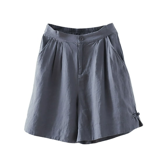 BUIgtTklOP Women's Casual Bermuda Shorts Elastic Waist Cotton Linen Shorts with Pockets Summer Wide Leg Loose Solid Color Shorts