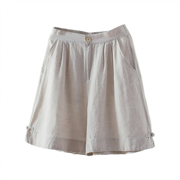 BUIgtTklOP Women's Casual Bermuda Shorts Elastic Waist Cotton Linen Shorts with Pockets Summer Wide Leg Loose Solid Color Shorts