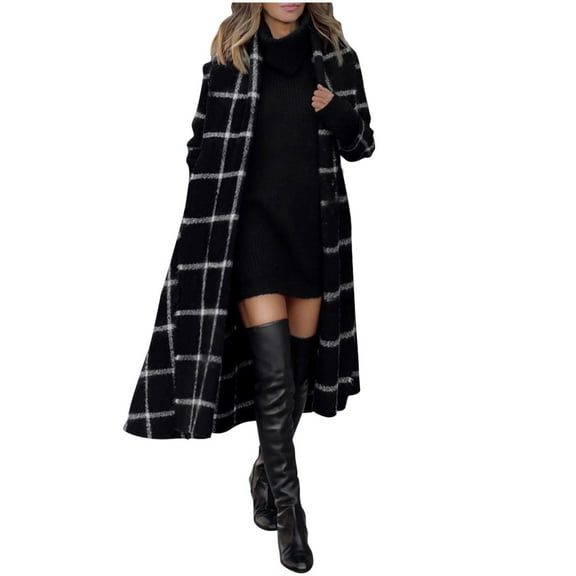 BUIgtTklOP Women's Casual Hooded Warm Plaid Printed Woolen Coat Jacket