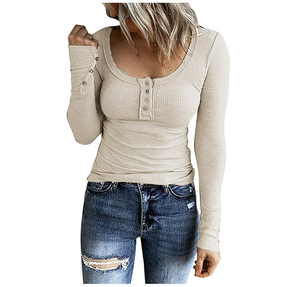 BUIgtTklOP Women's Casual Solid Color Buttons Long Sleeve V-Neck Loose Shirt Blouse Top