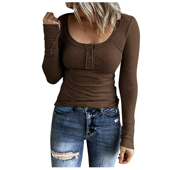 BUIgtTklOP Women's Casual Solid Color Buttons Long Sleeve V-Neck Loose Shirt Blouse Top