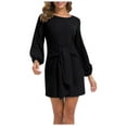 thumbnail image 1 of BUIgtTklOP Women's Elegant Long Lantern Sleeve Short Dress Crewneck Tie Waist Knit Cocktail Dress, 1 of 5