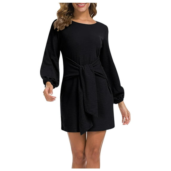 BUIgtTklOP Women's Elegant Long Lantern Sleeve Short Dress Crewneck Tie Waist Knit Cocktail Dress