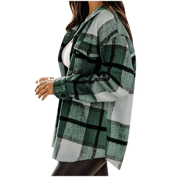 BUIgtTklOP Women's Flannel Jacket Casual Plaid Buckle Long Sleeved Woolen Shirt Women's Jacket