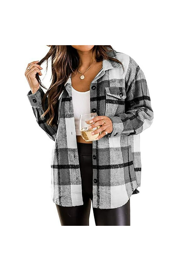 Women's Flannel Jacket Casual Plaid Buckle Long Sleeved Woolen Shirt Women's Jacket