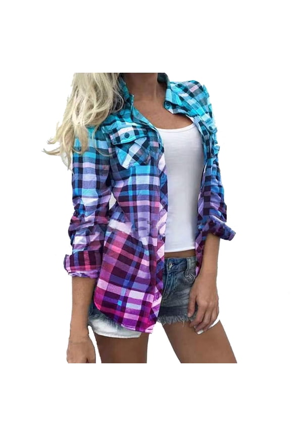 Women's Flannel Plaid Shacket Long Sleeve Button Down Chest Pocketed Shirts Jacket Coats