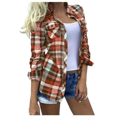 BUIgtTklOP Women's Flannel Plaid Shacket Long Sleeve Button Down Chest Pocketed Shirts Jacket Coats