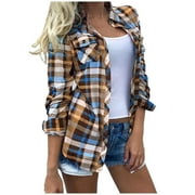 BUIGTTKLOP Women's Flannel Plaid Shacket Long Sleeve Button Down Chest Pocketed Shirts Jacket Coats