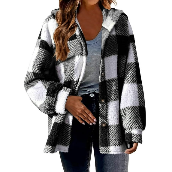 BUIgtTklOP Women's Flannel Plaid Shacket Long Sleeve Button Down Shirts Jacket Coats with Side Pockets