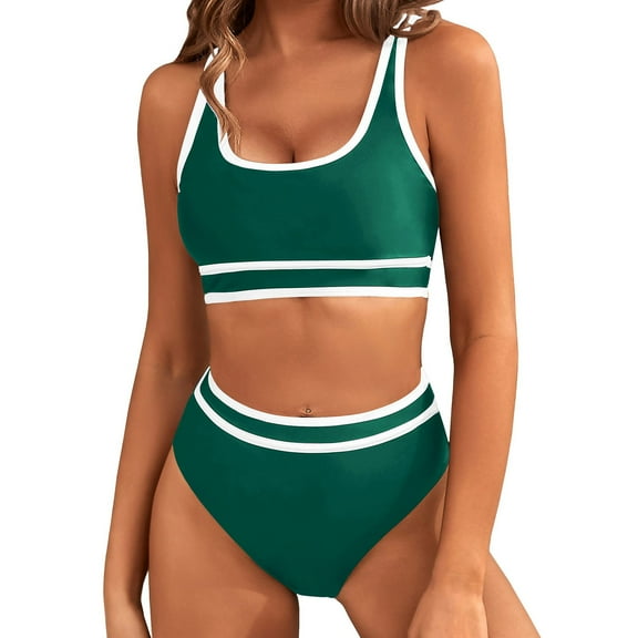 BUIgtTklOP Women's High Waisted Bikini Sets Sporty Two Piece Swimsuits Color Block Cheeky High Cut Bathing Suits