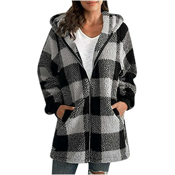 BUIgtTklOP Women's Keep Warm Casual Hooded Plaid Zip Pocket Jacket Top Blouse Coat