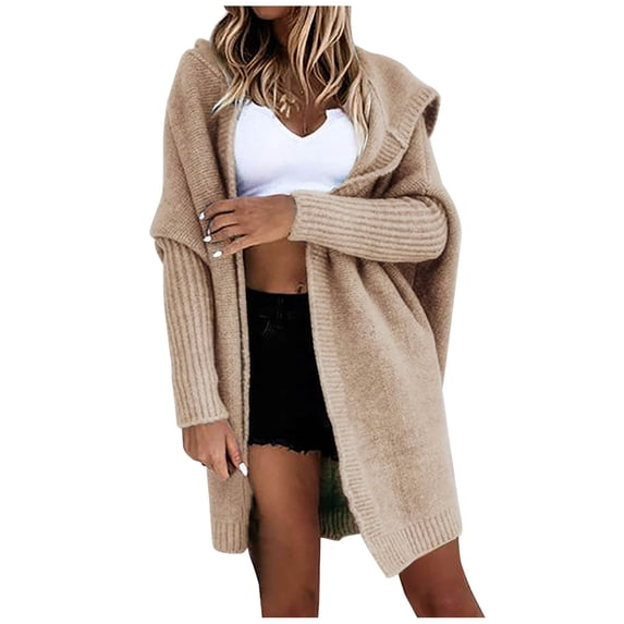 BUIgtTklOP Women's Long Sleeve Solid Hooded Knit Cardigan Long Sweater Coat