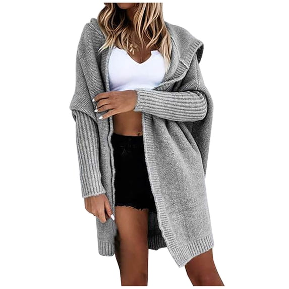 BUIgtTklOP Women's Long Sleeve Solid Hooded Knit Cardigan Long Sweater Coat