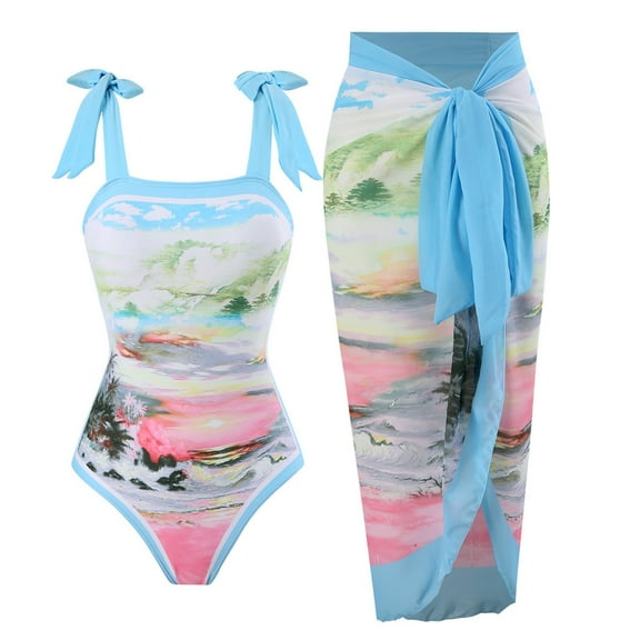 BUIgtTklOP Women's One Piece Swimsuit With Beach Cover Up Wrap Skirt Sarong Retro Floral Print Bikini Set Two Piece Bathing Suits
