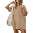 thumbnail image 1 of BUIgtTklOP Women's Oversized Casual Rompers Summer Outfits Workout Hot Short Tee Rompers V Neck Loose Short Sleeve Jumpsuit With Pocket, 1 of 6