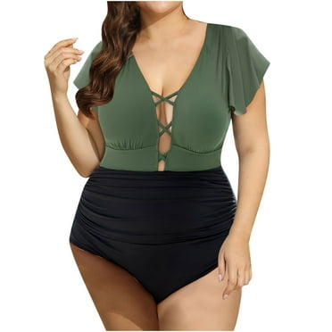 BUIgtTklOP Women's Solid Color V Neck Lace Up Plus Size One Piece Swimsuit