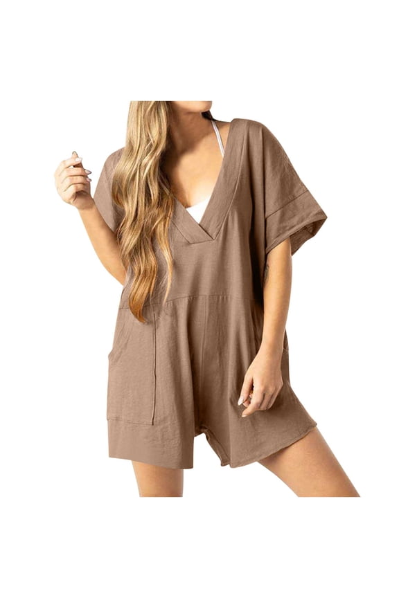 BUIgtTklOP Women's Solid Oversized Casual Rompers Summer Outfits Workout Hot Short Tee Rompers V Neck Loose Short Sleeve Jumpsuit With Pocket