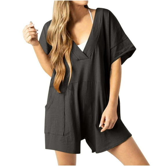 BUIgtTklOP Women's Solid Oversized Casual Rompers Summer Outfits Workout Hot Short Tee Rompers V Neck Loose Short Sleeve Jumpsuit With Pocket