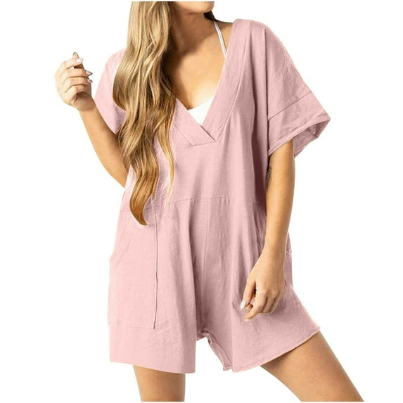 BUIgtTklOP Women's Solid Oversized Casual Rompers Summer Outfits Workout Hot Short Tee Rompers V Neck Loose Short Sleeve Jumpsuit With Pocket