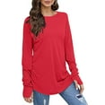 thumbnail image 1 of BUIgtTklOP Women's Solid Round Neck Long T-shirt Thumb Sleeve Top, 1 of 6