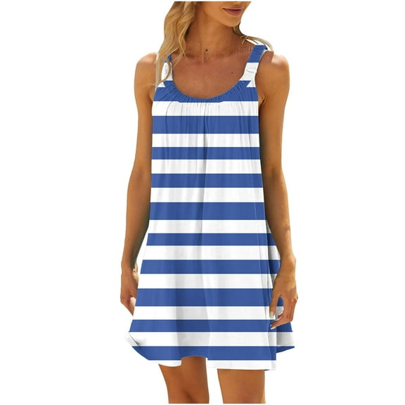 Buigttklop Women'S Summer Dresses 2024 Plus Size Striped Print Casual Loose Skirt Sleeveless Halter Dress with Pockets