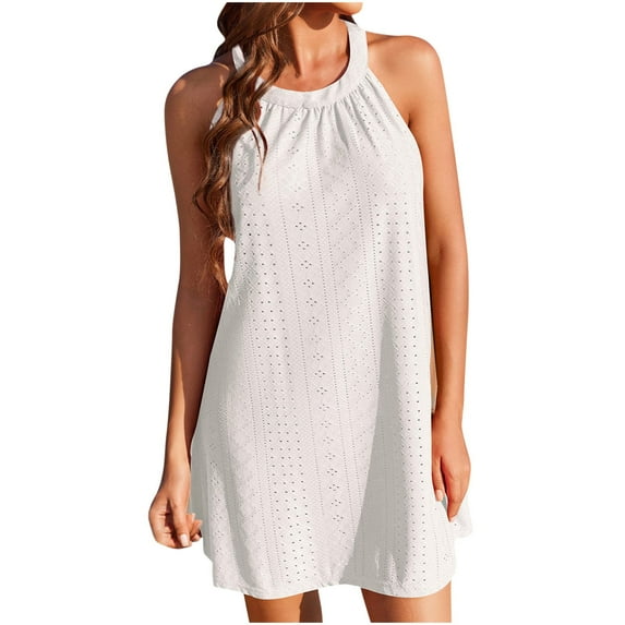 BUIgtTklOP Women's Summer Hollow Out Halter Dresses Casual Sleeveless A-Line Tiered Swing Sundress Beach Vacation Mini Dress