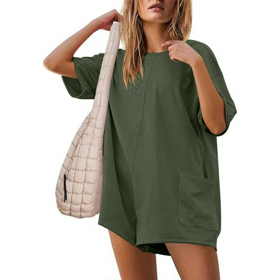 BUIGTTKLOP Women's Summer Oversized Hot Short Tee Romper Casual Workout Athletic Romper Onesie Backless Loose Shorts Jumpsuit Overalls With Pocket