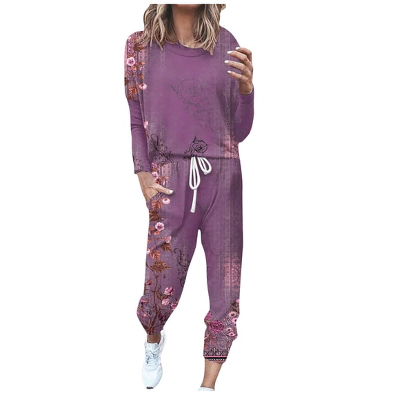 BUIgtTklOP Women's Two Piece Outfit Long Sleeve Crewneck Pullover Tops And Long Pants Tracksuit