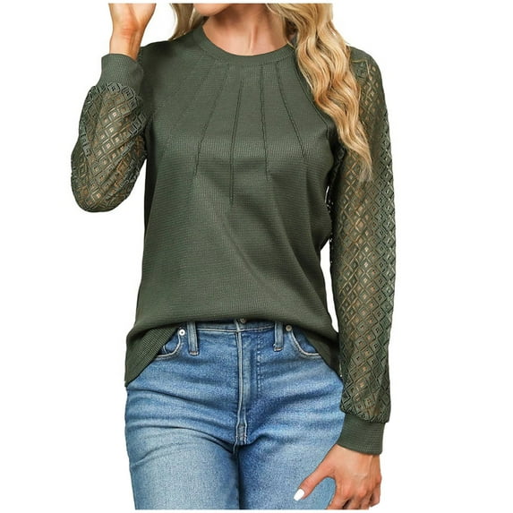 BUIgtTklOP Women's Waffle Knit Tops Dressy Business Casual Blouses Lace Long Sleeve Work Shirts Fall Clothes