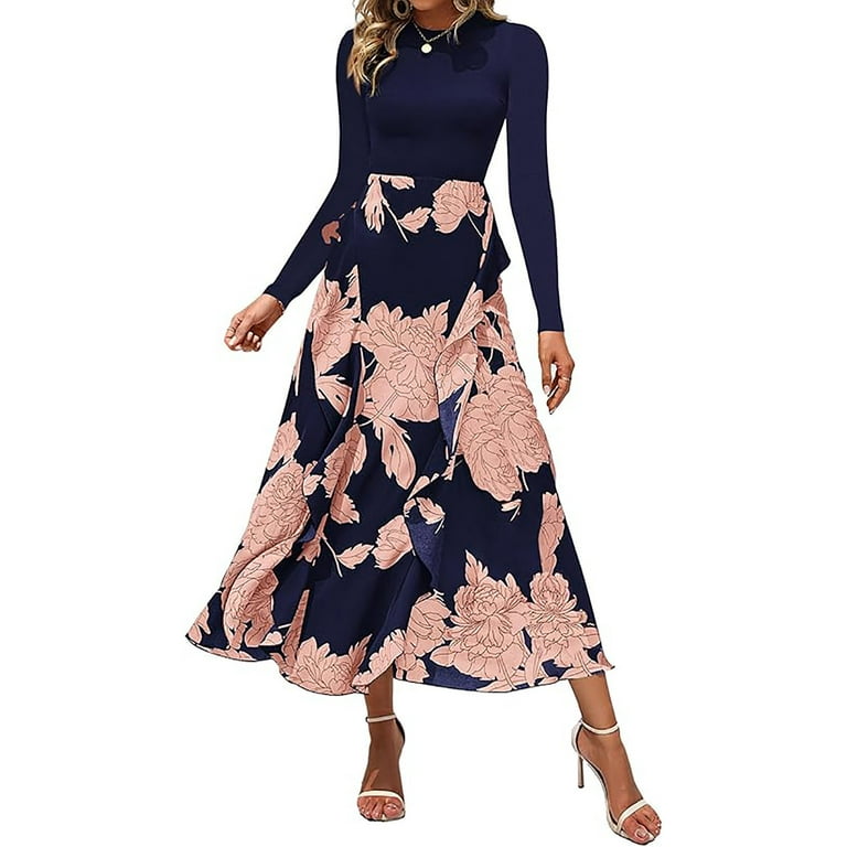 ワンピース Winter Floral Long-sleeve Dress Women's Boho Long Sleeve Printed Floral Winter Midi Shirt