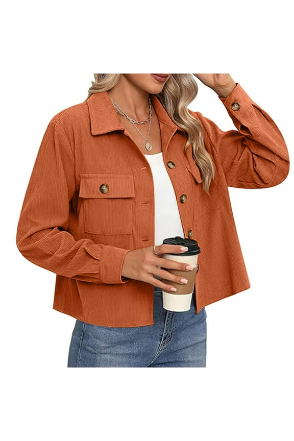 Womens Fashion Cropped Shackets Corduroy Button Down Crop Jackets Tops Long Sleeve Shirts Trendy 2024