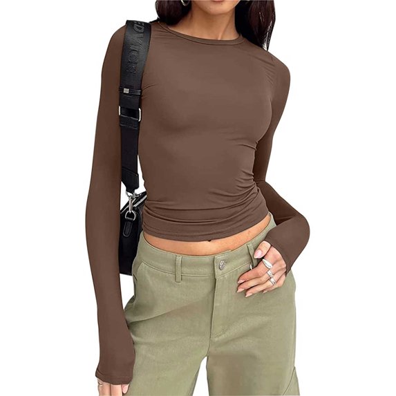 BUIgtTklOP Womens Long Sleeve Shirts Basic Crop Tops Fall Fashion Layering Workout Slim Fitted Y2k Tops
