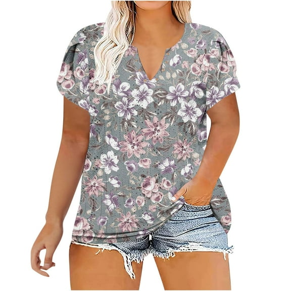Buigttklop Womens Plus Size Summer Floral Print Tops Women'S Casual V Neck Hollow Tee Shirts Leaf Sleeve Loose Blouse