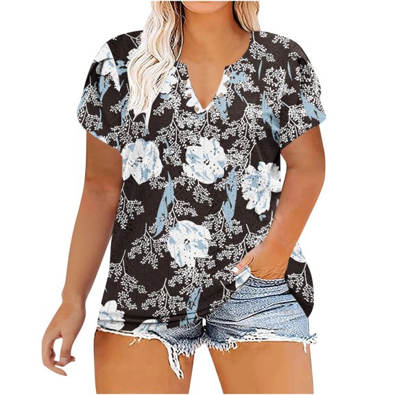 Buigttklop Womens Plus Size Summer Floral Print Tops Women'S Casual V Neck Hollow Tee Shirts Leaf Sleeve Loose Blouse