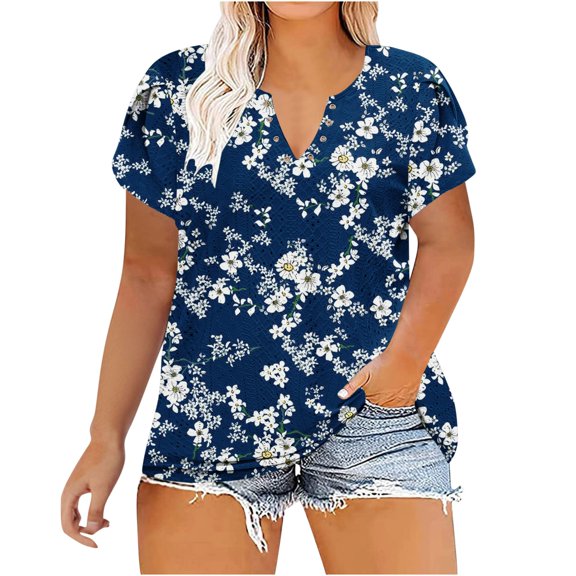 Buigttklop Womens Plus Size Summer Floral Print Tops Women'S Casual V Neck Hollow Tee Shirts Leaf Sleeve Loose Blouse