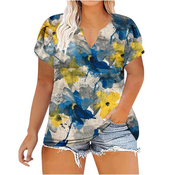Buigttklop Womens Plus Size Summer Floral Print Tops Women'S Casual V Neck Hollow Tee Shirts Leaf Sleeve Loose Blouse