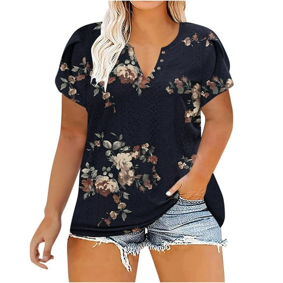 Buigttklop Womens Plus Size Summer Floral Print Tops Women'S Casual V Neck Hollow Tee Shirts Leaf Sleeve Loose Blouse