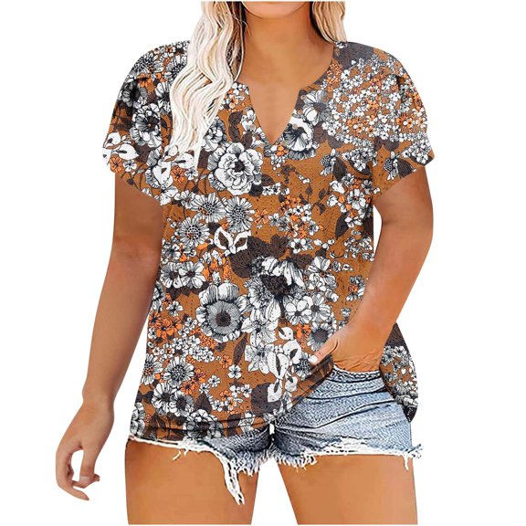 Buigttklop Womens Plus Size Summer Floral Print Tops Women'S Casual V Neck Hollow Tee Shirts Leaf Sleeve Loose Blouse