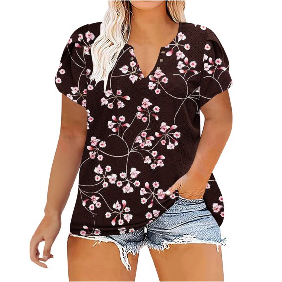 Buigttklop Womens Plus Size Summer Floral Print Tops Women'S Casual V Neck Hollow Tee Shirts Leaf Sleeve Loose Blouse