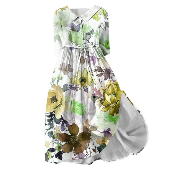 Buigttklop Womens Summer Dresses Boho Floral Lapel Neck Button Casual A-Line Lace-Up Dress Vacation Beach Flowy Long Dress