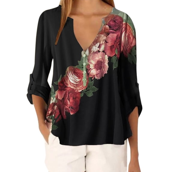 BUIgtTklOP Womens Tops 2024 Clearance Women Casual Tops Shirt Ladies V Neck Floral Print Loose T-Shirt Blouse Tee Top