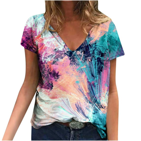 Buigttklop Womens Tops 2024 Women Summer Printed Blouse Tees Casual V-Neck Short Sleeve T-Shirts Tops