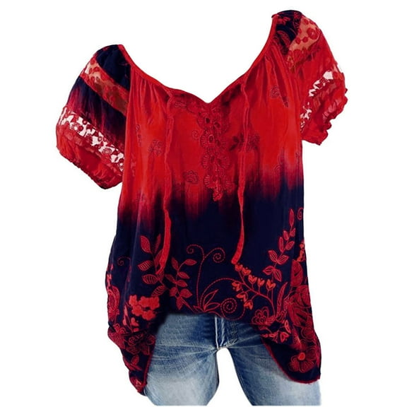 Buigttklop Womens Tops 2024,Women Short Sleeve V-Neck Lace Printed Lace Tops Loose T-Shirt Blouse Tops