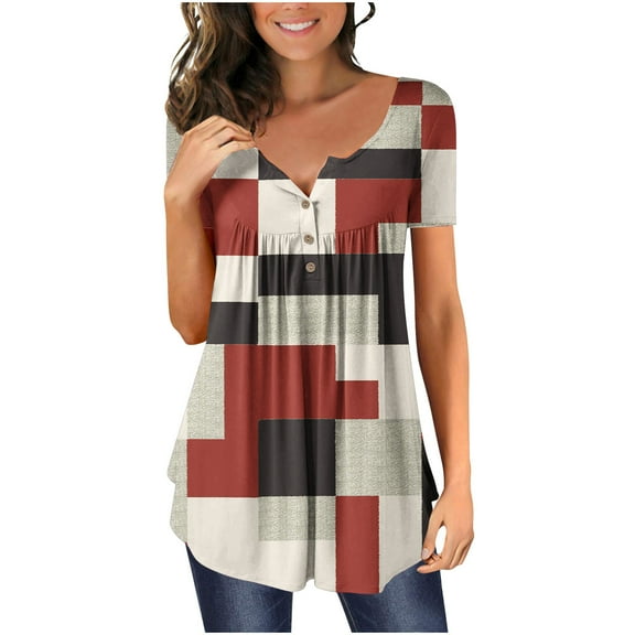 Buigttklop Womens Tops 2024,Women V-Neck Gradient Printed Tunic Tops Buttons Short Sleeve T-Shirt