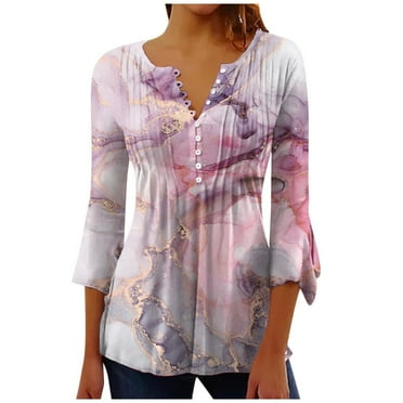 Buigttklop Womens Tops 2024,Women'S Casual Trumpet 3/4 Sleeve Printed Buttoned Basic Ruched Corset Tunic Tops Pleated T-Shirts Blouses