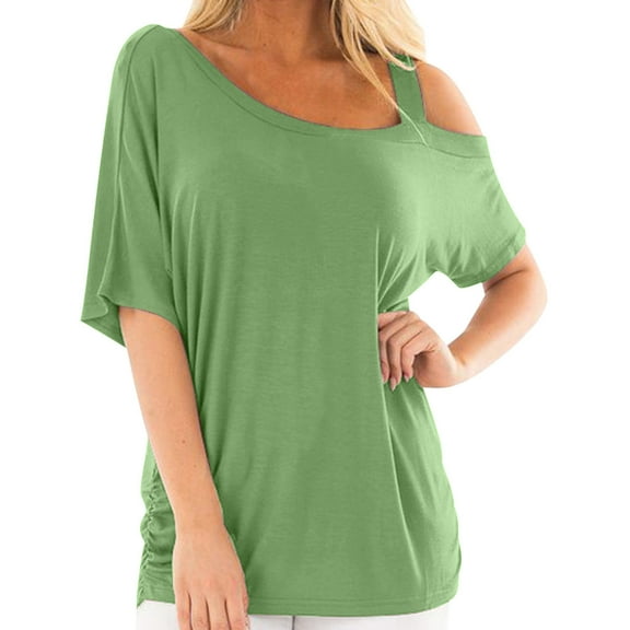 Buigttklop Womens Tops for Summer Sleeve Casual T-Shirt Top Short Sleeve Skew Collar Blouses