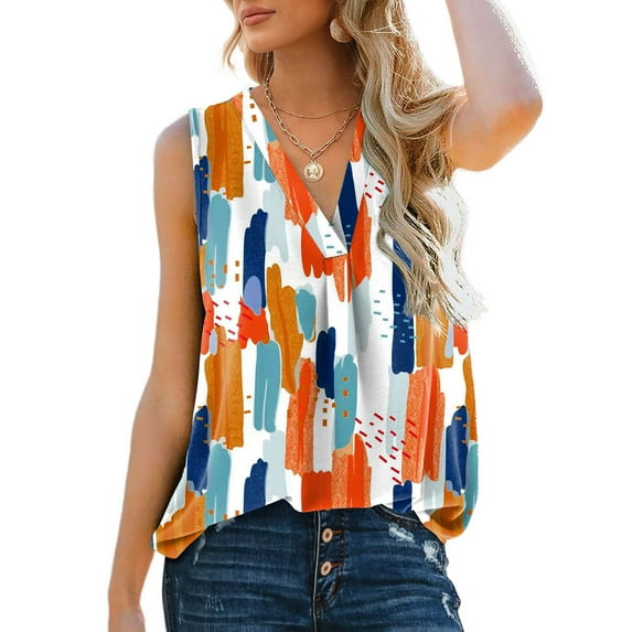 BUIgtTklOP Womens Tops For Summer Tunic Loose Casual Sleeveless V-Neck Solid